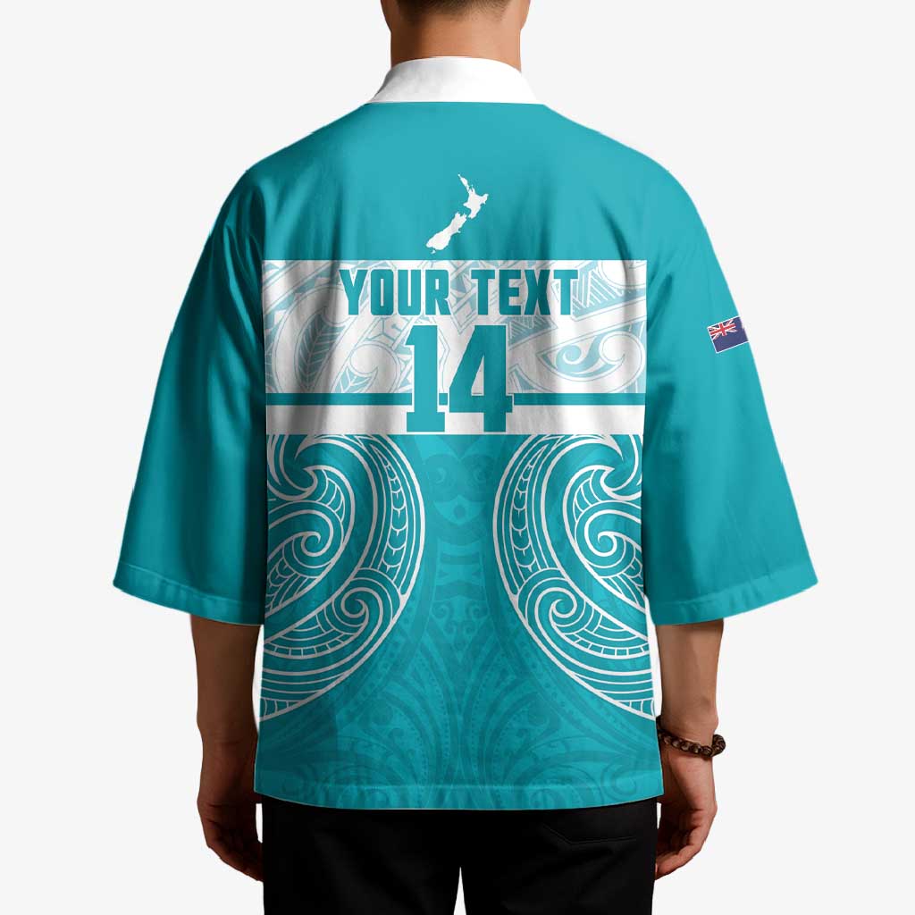 New Zealand Silver Fern Cricket Custom Kimono Black Cap Teal Maori Pattern - Polynesian Pride