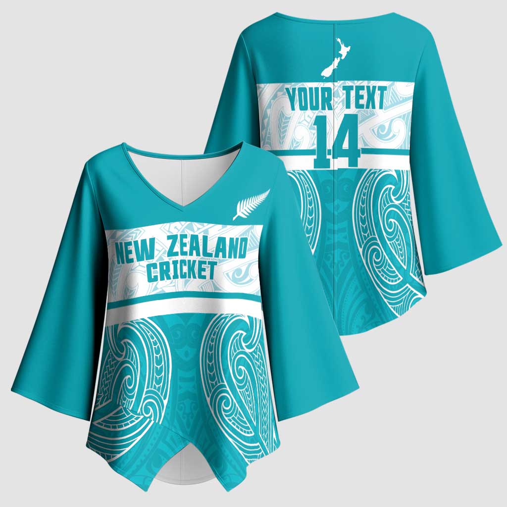 New Zealand Silver Fern Cricket Custom Kimono Sleeve Blouse Black Cap Teal Maori Pattern - Polynesian Pride
