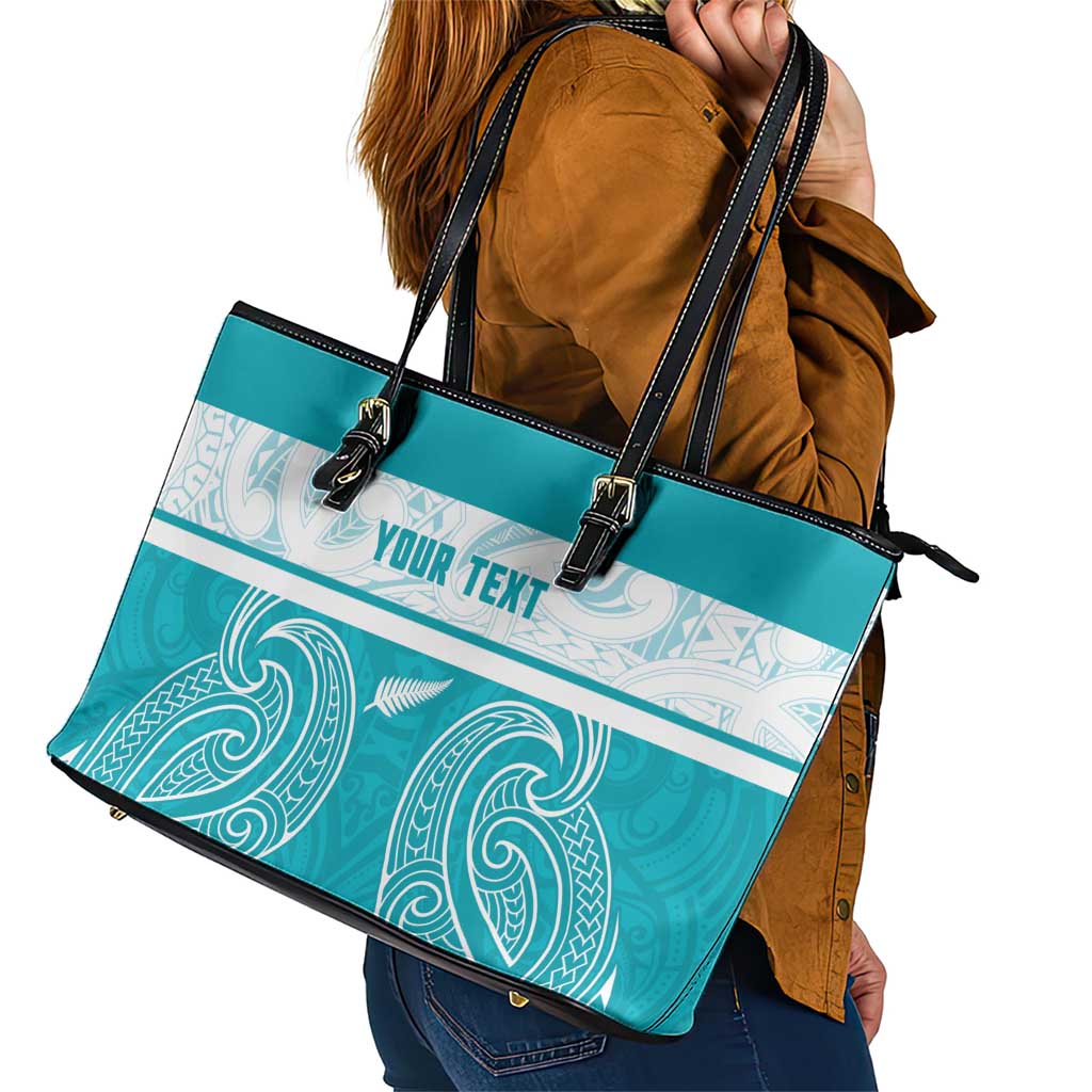 New Zealand Silver Fern Cricket Custom Leather Tote Bag Black Cap Teal Maori Pattern - Polynesian Pride