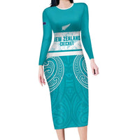 New Zealand Silver Fern Cricket Custom Long Sleeve Bodycon Dress Black Cap Teal Maori Pattern - Polynesian Pride