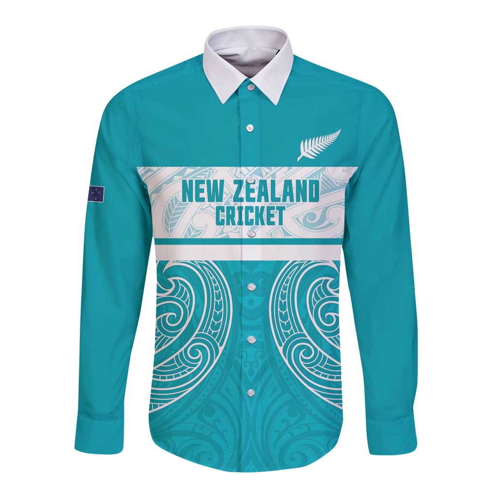 New Zealand Silver Fern Cricket Custom Long Sleeve Button Shirt Black Cap Teal Maori Pattern - Polynesian Pride