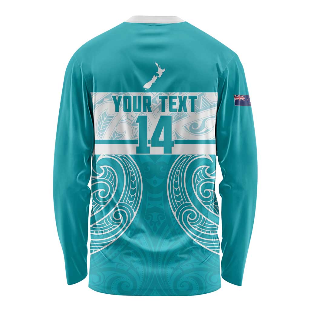 New Zealand Silver Fern Cricket Custom Long Sleeve Shirt Black Cap Teal Maori Pattern - Polynesian Pride