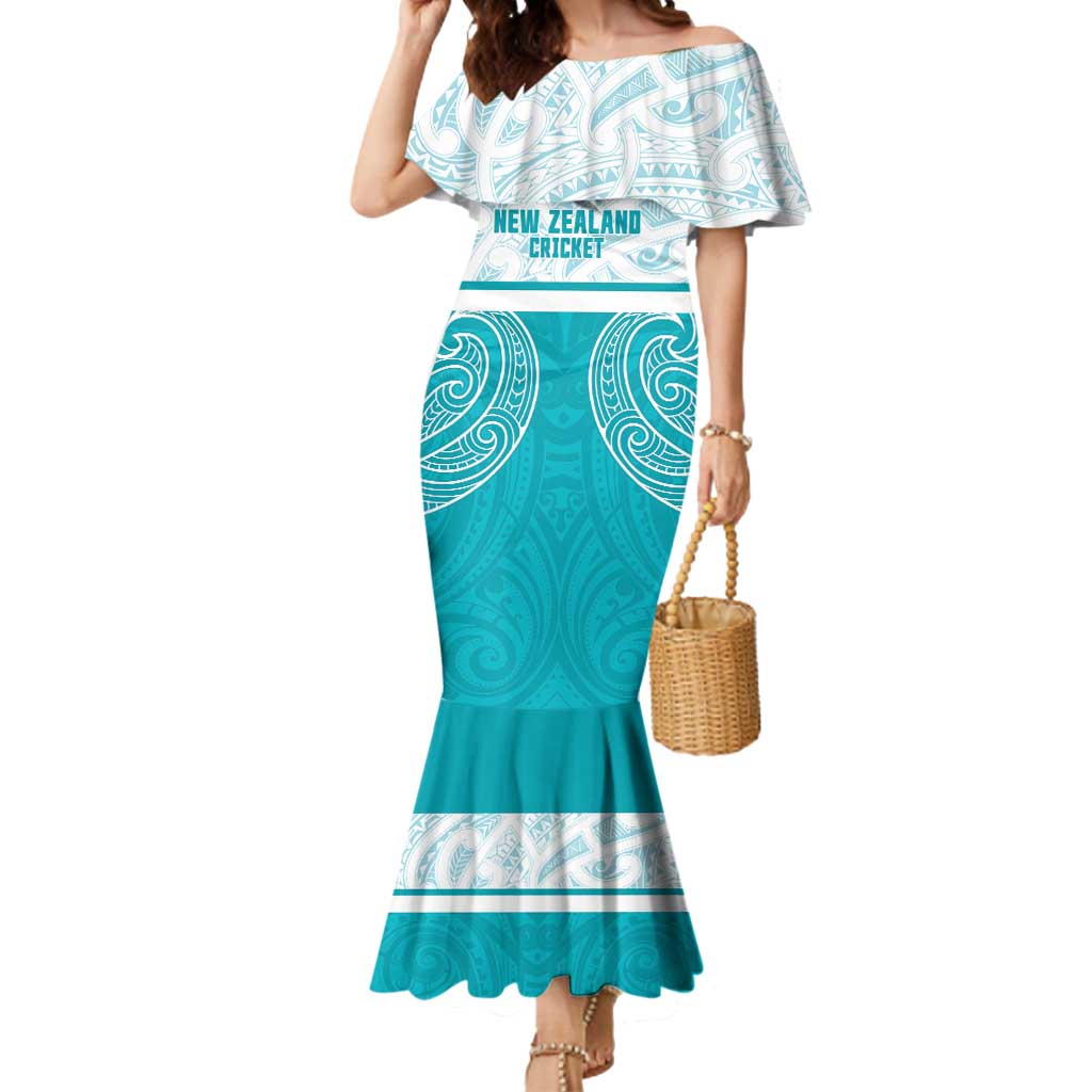 New Zealand Silver Fern Cricket Custom Mermaid Dress Black Cap Teal Maori Pattern - Polynesian Pride