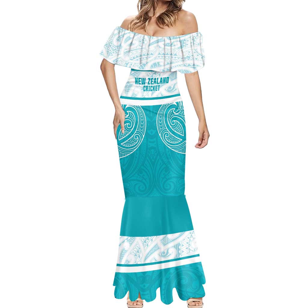 New Zealand Silver Fern Cricket Custom Mermaid Dress Black Cap Teal Maori Pattern - Polynesian Pride
