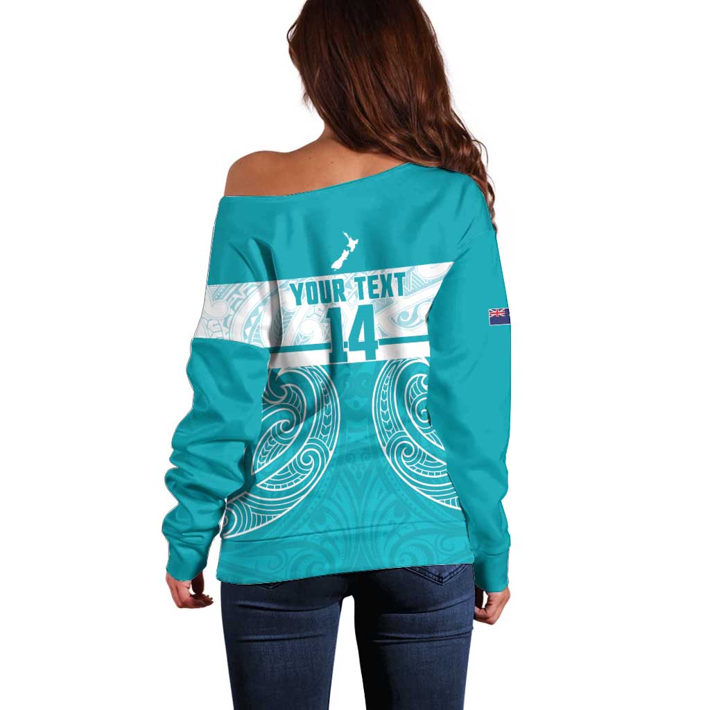 New Zealand Silver Fern Cricket Custom Off Shoulder Sweater Black Cap Teal Maori Pattern - Polynesian Pride