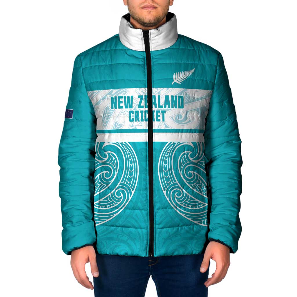 New Zealand Silver Fern Cricket Custom Padded Jacket Black Cap Teal Maori Pattern - Polynesian Pride