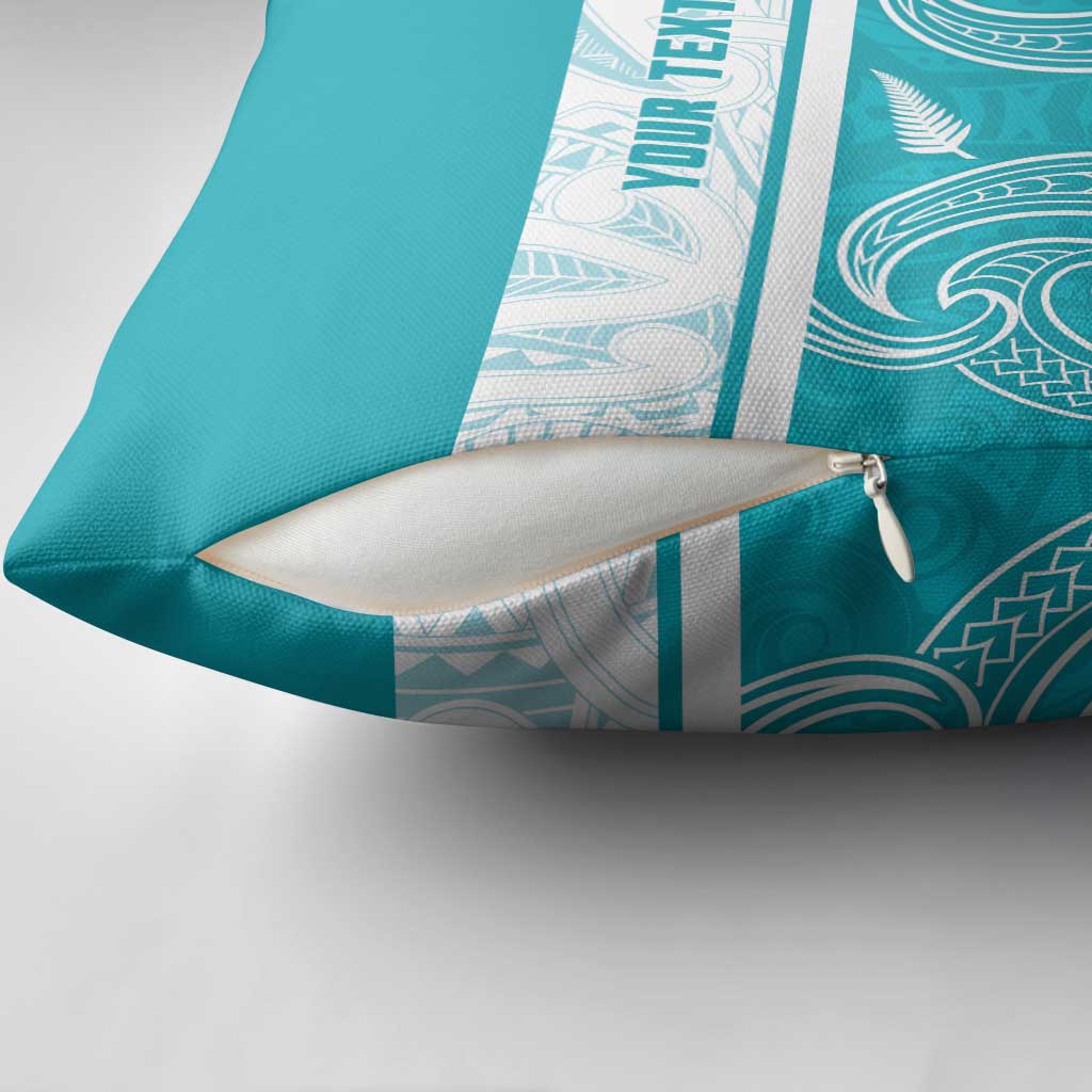 New Zealand Silver Fern Cricket Custom Pillow Cover Black Cap Teal Maori Pattern - Polynesian Pride