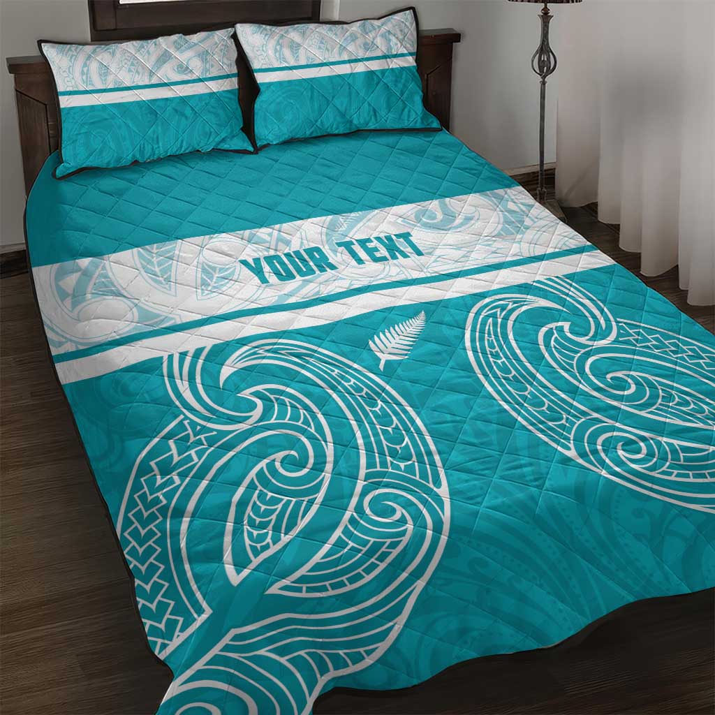 New Zealand Silver Fern Cricket Custom Quilt Bed Set Black Cap Teal Maori Pattern - Polynesian Pride