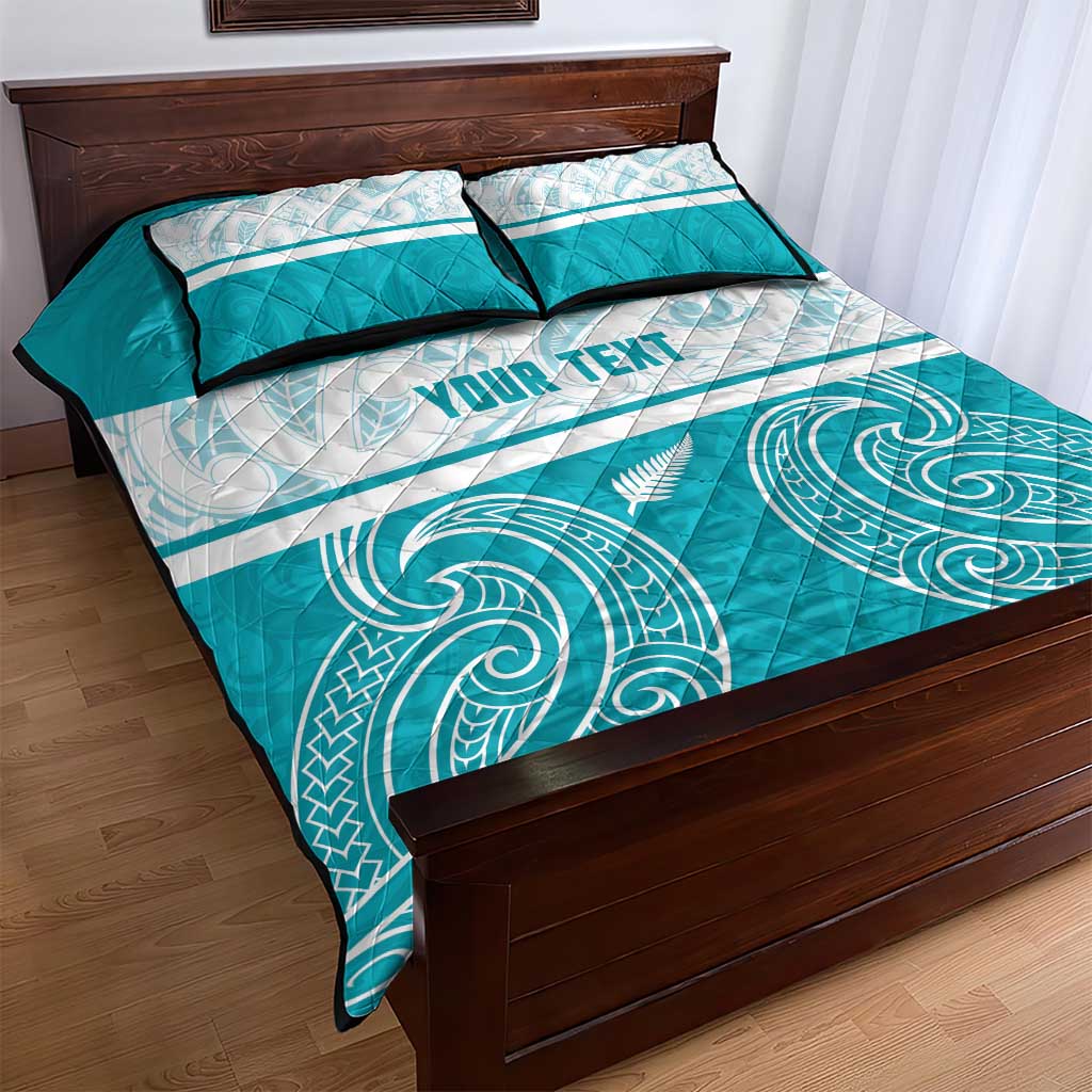 New Zealand Silver Fern Cricket Custom Quilt Bed Set Black Cap Teal Maori Pattern - Polynesian Pride