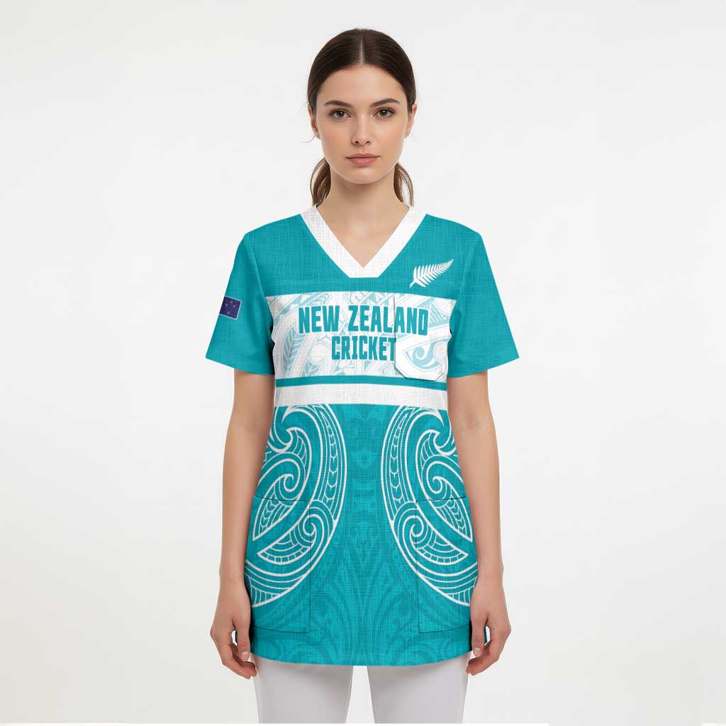 New Zealand Silver Fern Cricket Custom Scrub Top Black Cap Teal Maori Pattern - Polynesian Pride