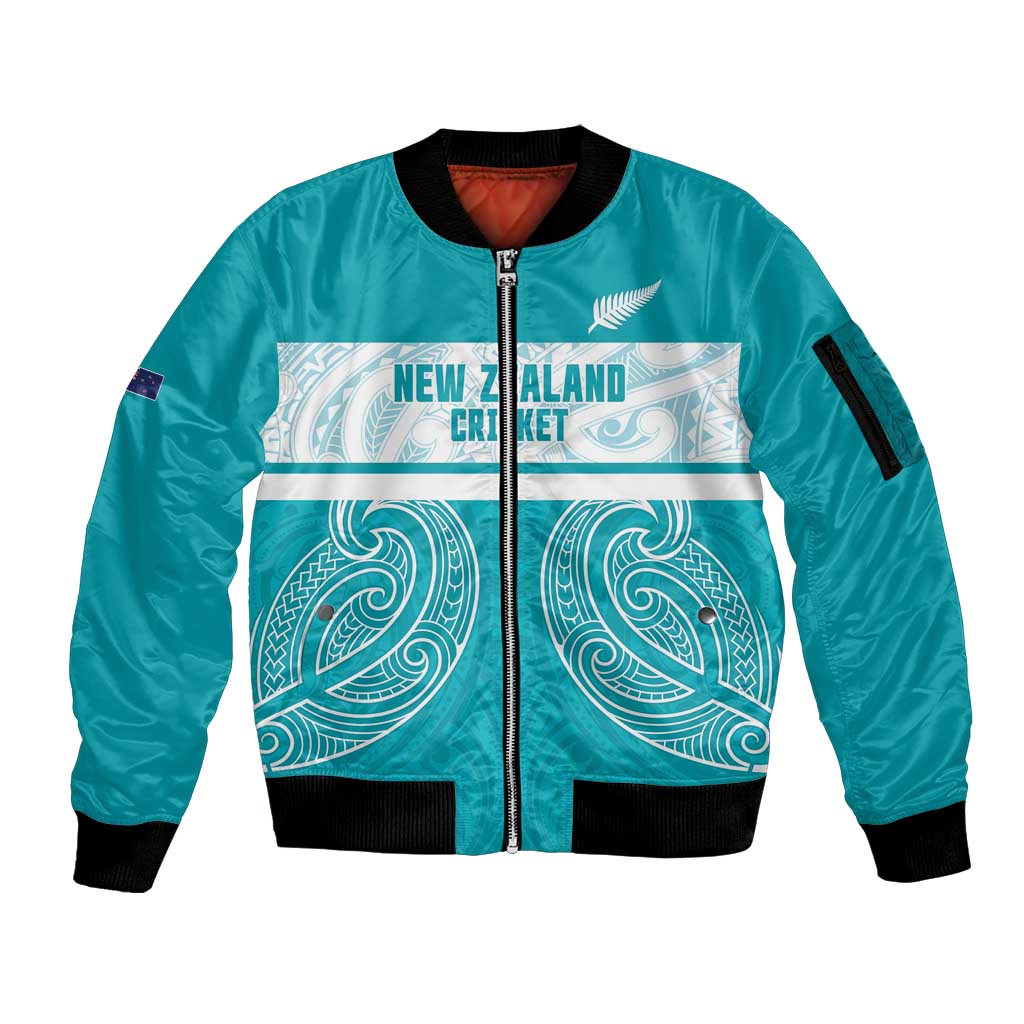 New Zealand Silver Fern Cricket Custom Sleeve Zip Bomber Jacket Black Cap Teal Maori Pattern - Polynesian Pride