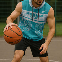 New Zealand Silver Fern Cricket Custom Sleeveless Hoodie Black Cap Teal Maori Pattern - Polynesian Pride