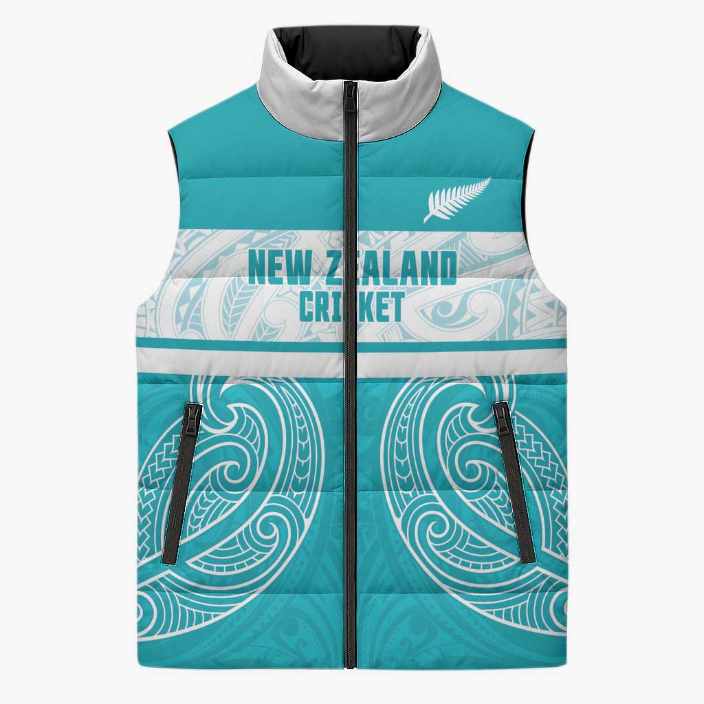 New Zealand Silver Fern Cricket Custom Sleeveless Puffer Jacket Black Cap Teal Maori Pattern - Polynesian Pride