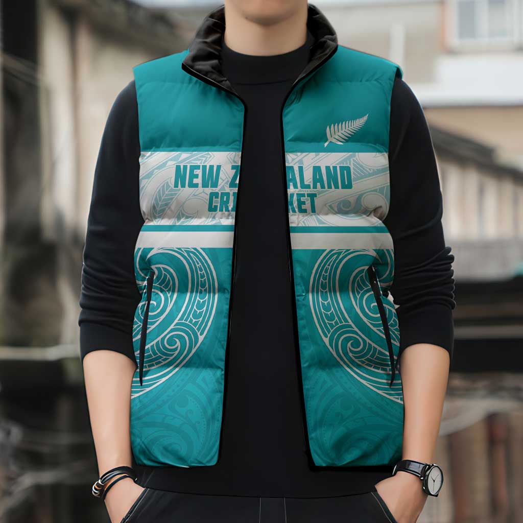 New Zealand Silver Fern Cricket Custom Sleeveless Puffer Jacket Black Cap Teal Maori Pattern - Polynesian Pride