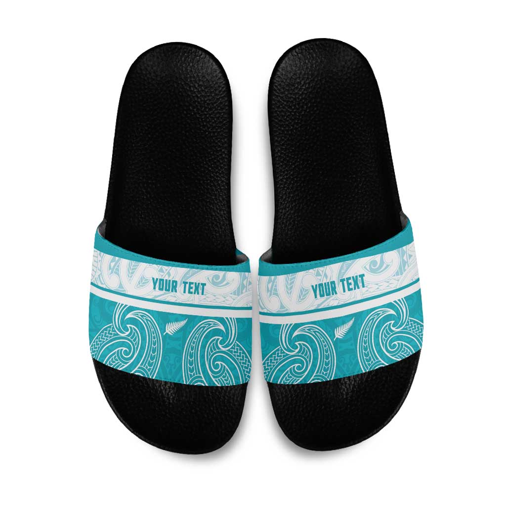 New Zealand Silver Fern Cricket Custom Slide Sandals Black Cap Teal Maori Pattern - Polynesian Pride