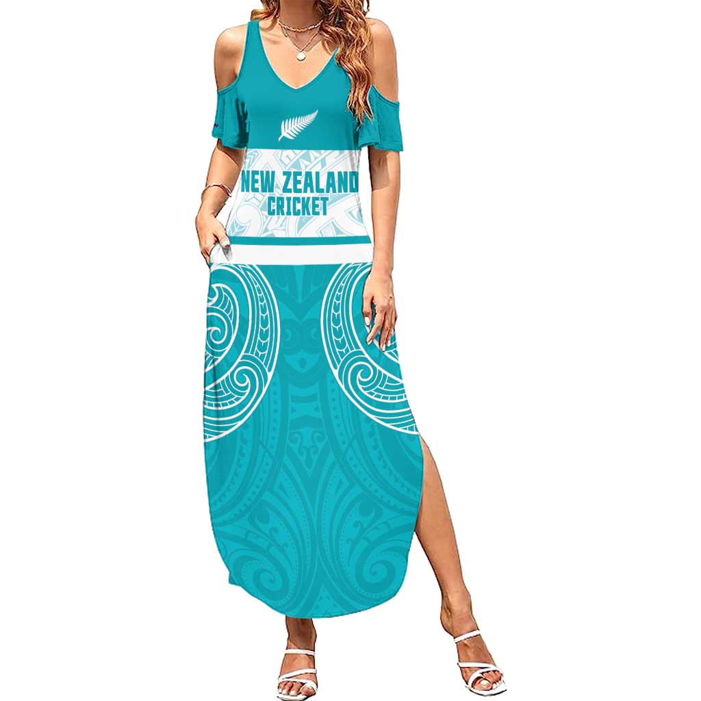 New Zealand Silver Fern Cricket Custom Summer Maxi Dress Black Cap Teal Maori Pattern - Polynesian Pride