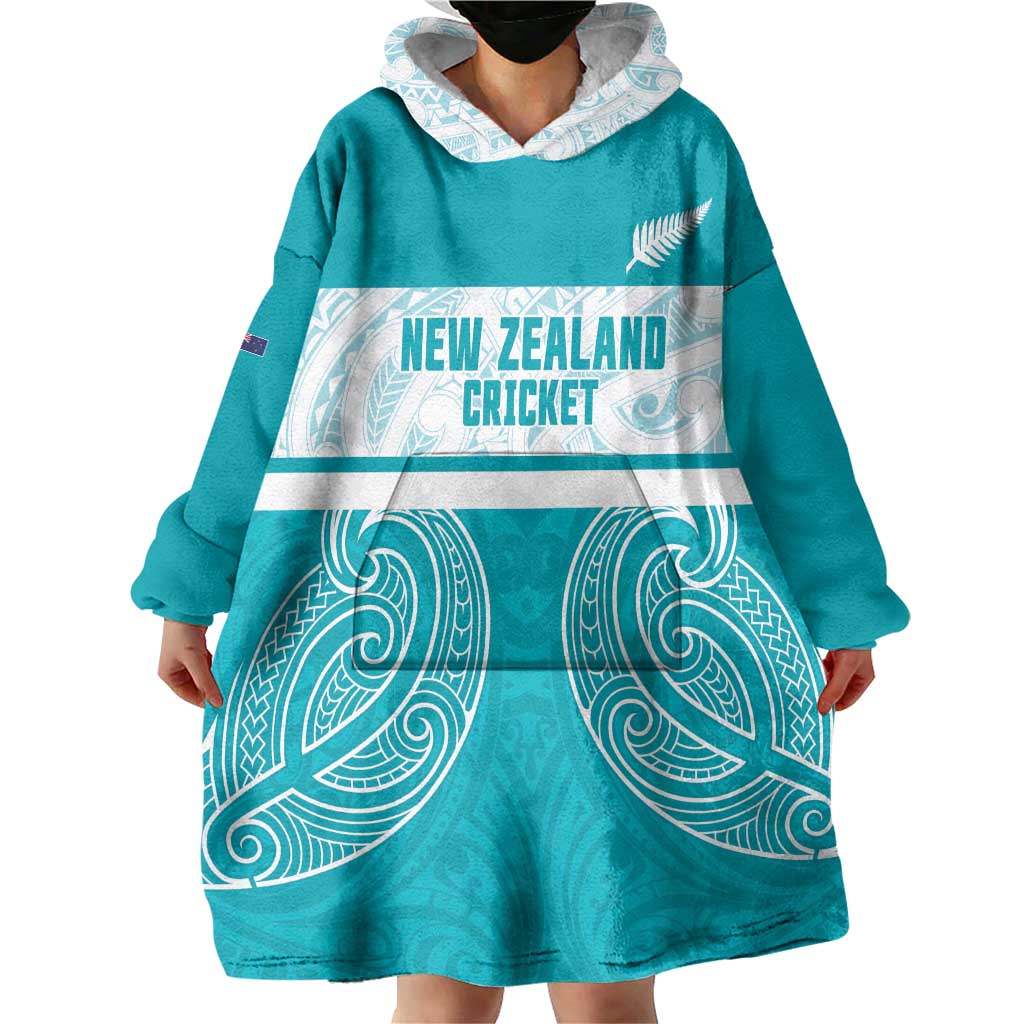 New Zealand Silver Fern Cricket Custom Wearable Blanket Hoodie Black Cap Teal Maori Pattern - Polynesian Pride