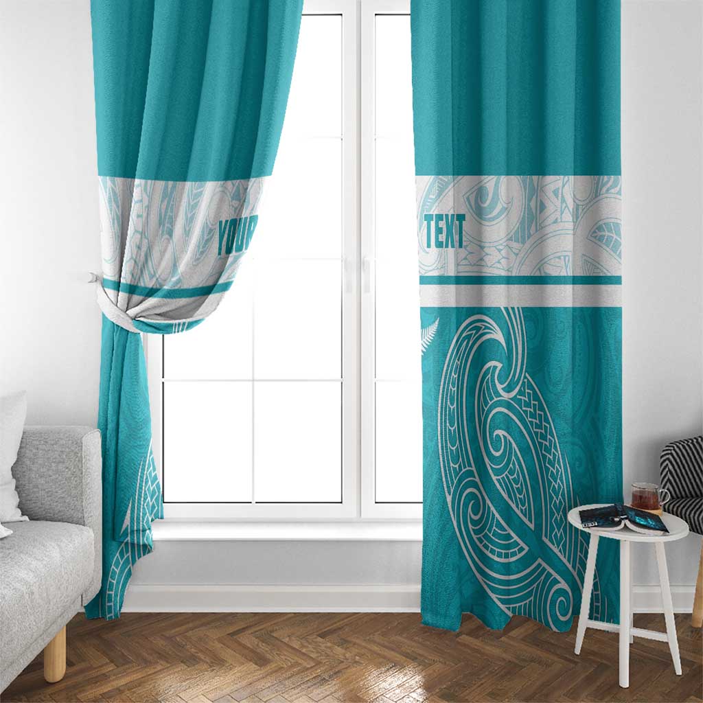 New Zealand Silver Fern Cricket Custom Window Curtain Black Cap Teal Maori Pattern - Polynesian Pride