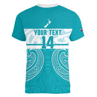 New Zealand Silver Fern Cricket Custom Women V-Neck T-Shirt Black Cap Teal Maori Pattern - Polynesian Pride