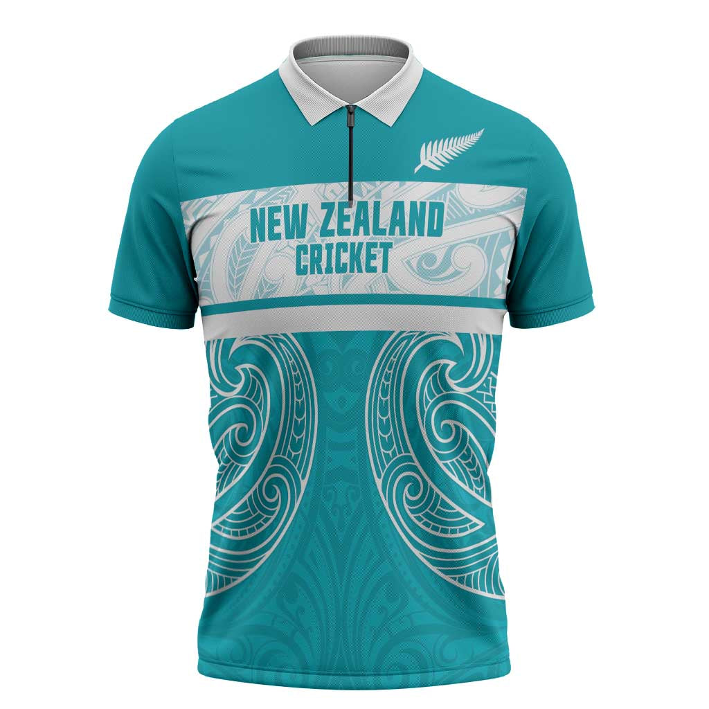 New Zealand Silver Fern Cricket Custom Zipper Polo Shirt Black Cap Teal Maori Pattern - Polynesian Pride