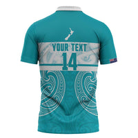 New Zealand Silver Fern Cricket Custom Zipper Polo Shirt Black Cap Teal Maori Pattern - Polynesian Pride
