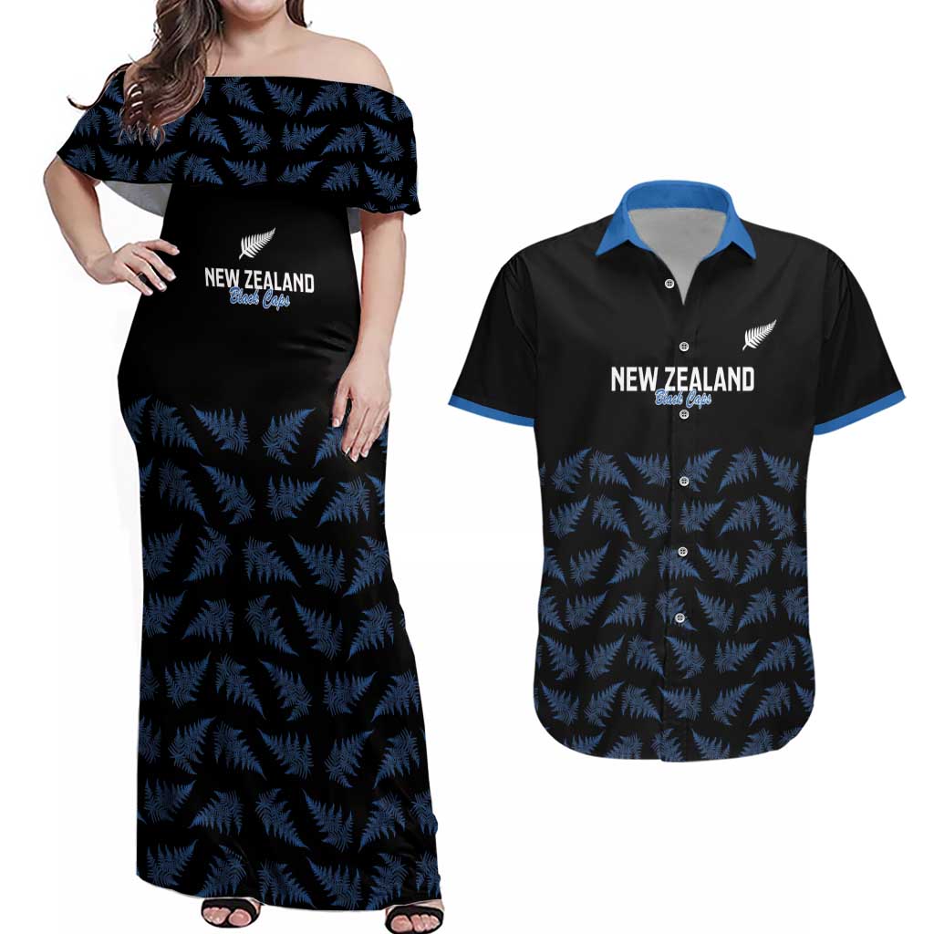New Zealand Silver Fern Cricket Custom Couples Matching Off Shoulder Maxi Dress and Hawaiian Shirt Black Cap T20 Version - Polynesian Pride