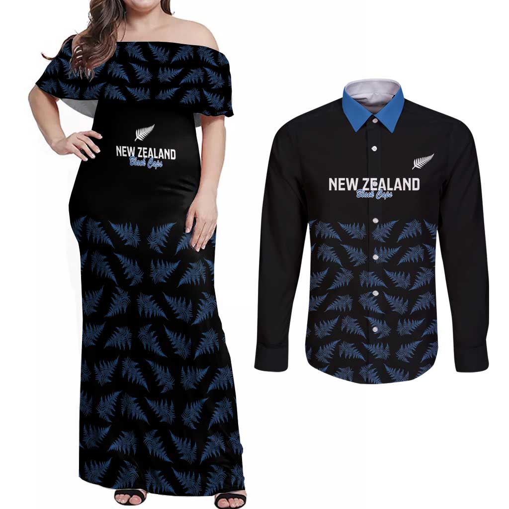 New Zealand Silver Fern Cricket Custom Couples Matching Off Shoulder Maxi Dress and Long Sleeve Button Shirt Black Cap T20 Version - Polynesian Pride