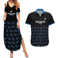New Zealand Silver Fern Cricket Custom Couples Matching Summer Maxi Dress and Hawaiian Shirt Black Cap T20 Version - Polynesian Pride