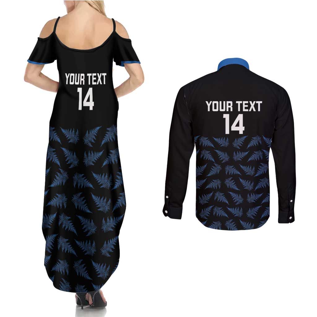 New Zealand Silver Fern Cricket Custom Couples Matching Summer Maxi Dress and Long Sleeve Button Shirt Black Cap T20 Version - Polynesian Pride