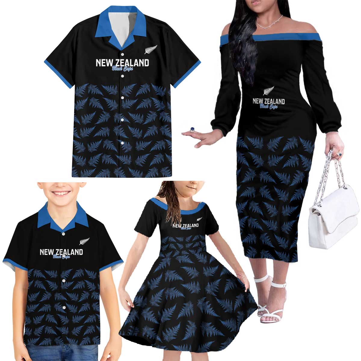 New Zealand Silver Fern Cricket Custom Family Matching Off The Shoulder Long Sleeve Dress and Hawaiian Shirt Black Cap T20 Version - Polynesian Pride