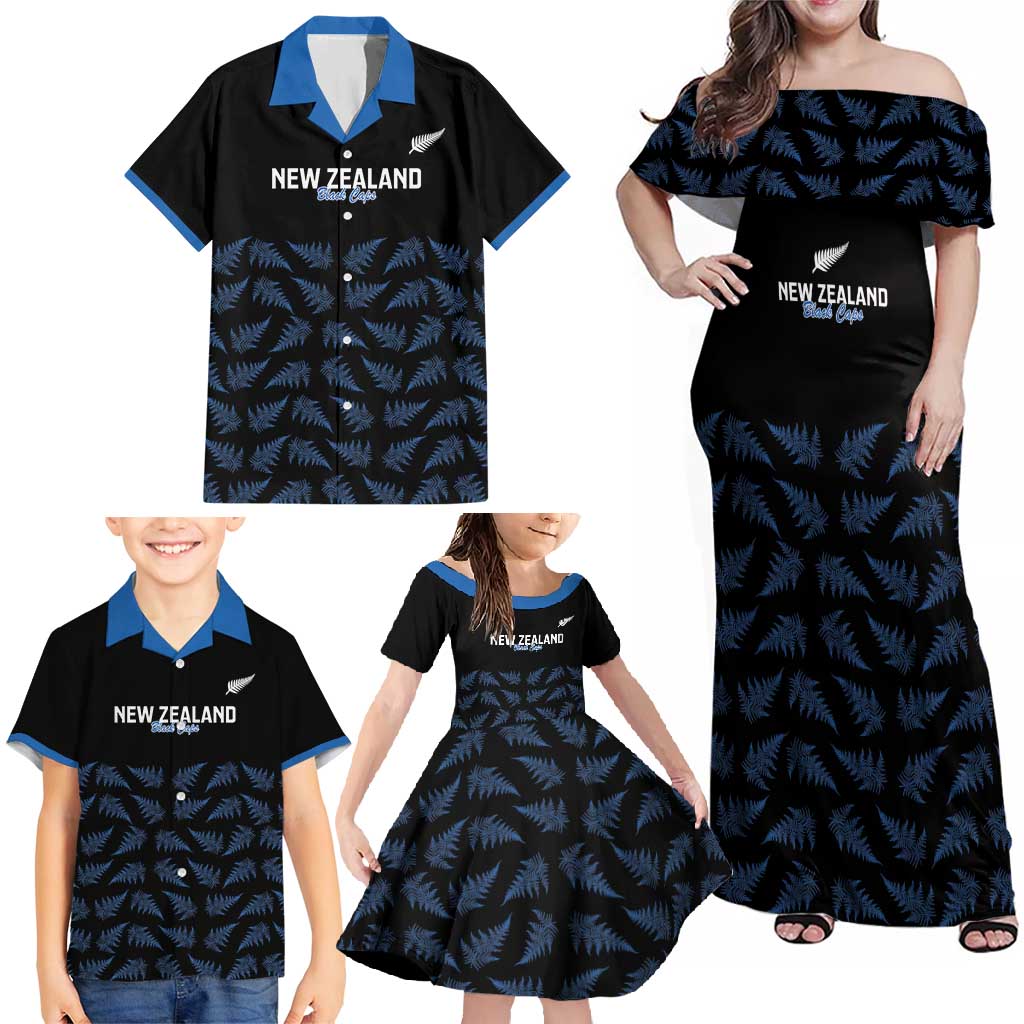 New Zealand Silver Fern Cricket Custom Family Matching Off Shoulder Maxi Dress and Hawaiian Shirt Black Cap T20 Version - Polynesian Pride