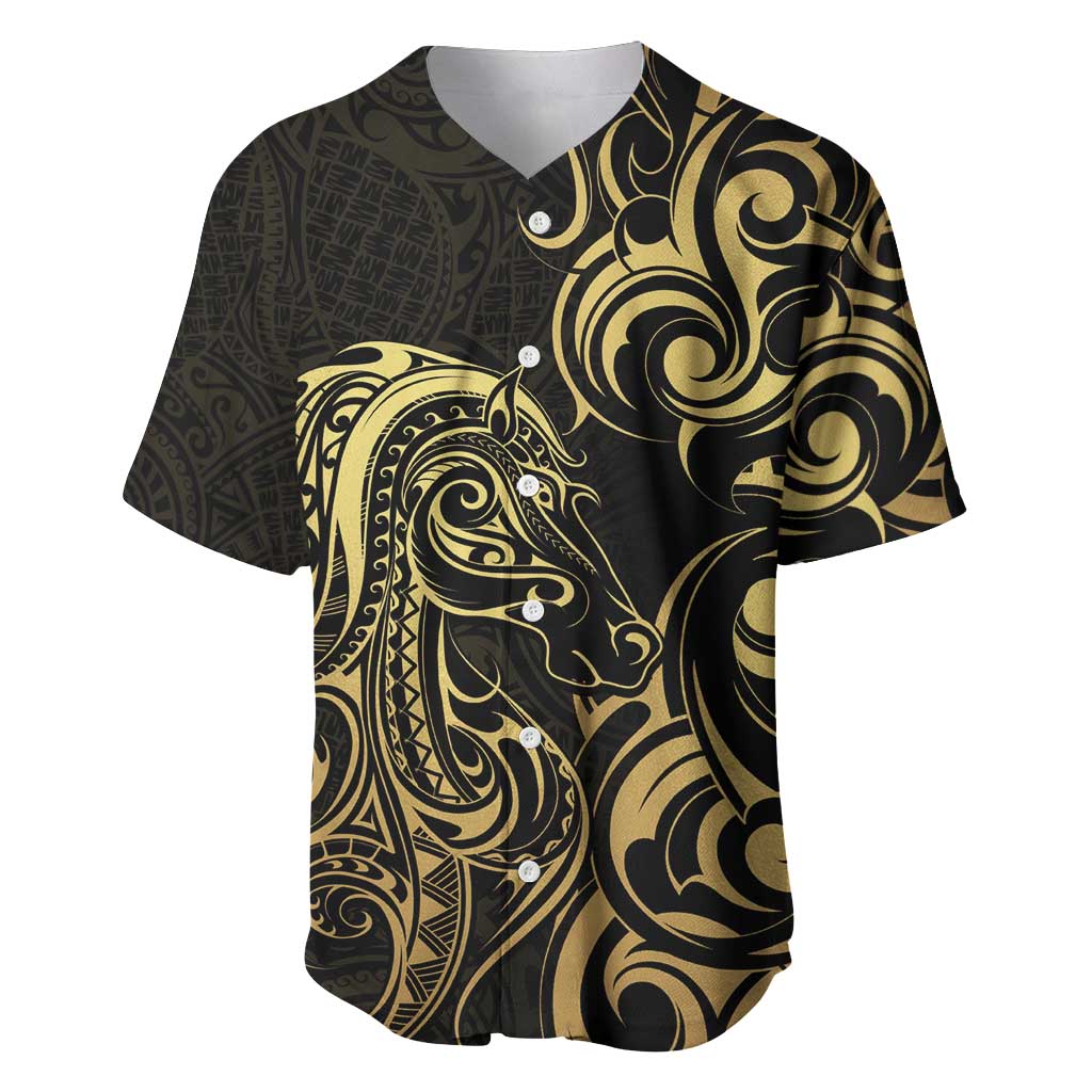 Gold And Black Aoteara Horse Racing Baseball Jersey NZ Maori Pattern