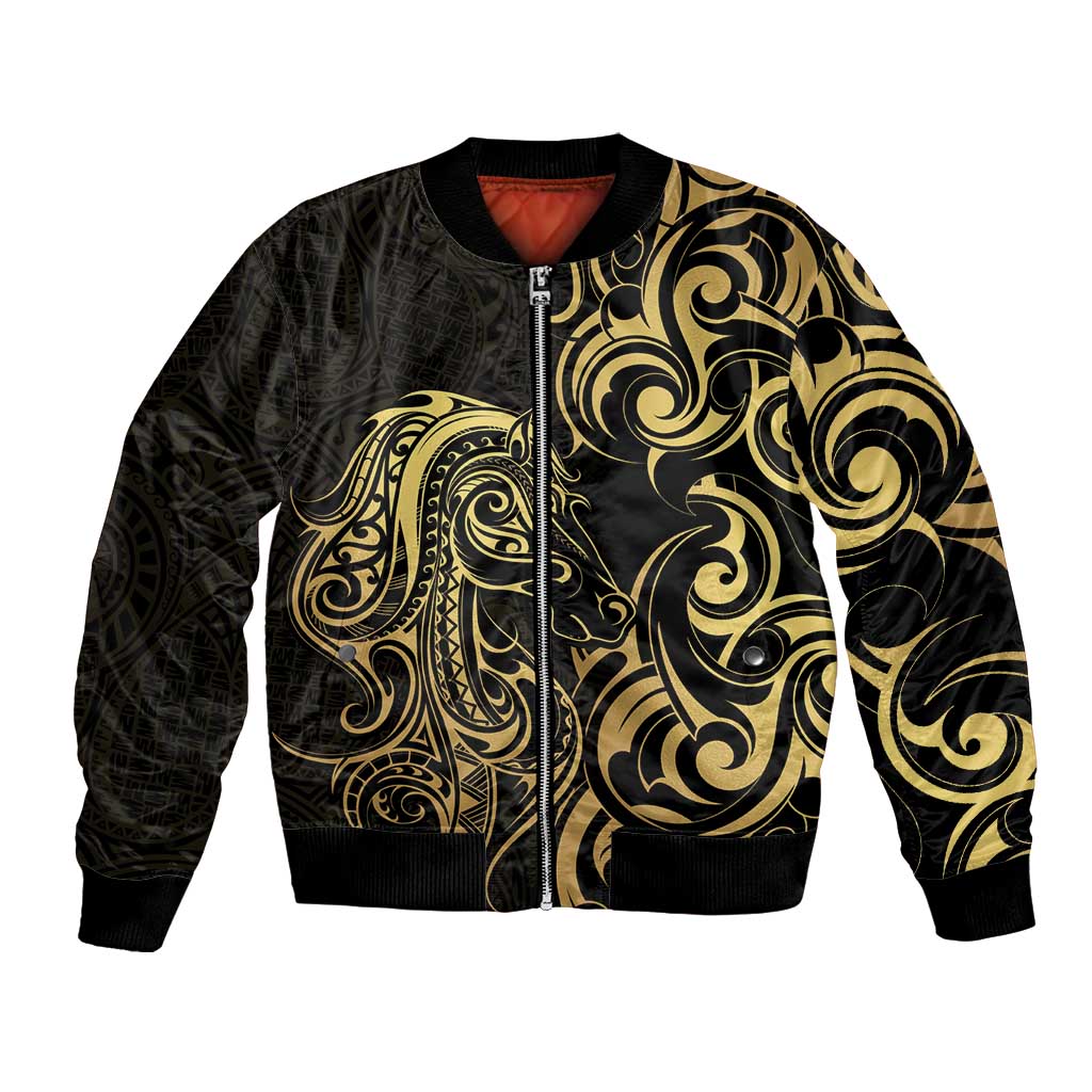 Gold And Black Aoteara Horse Racing Bomber Jacket NZ Maori Pattern