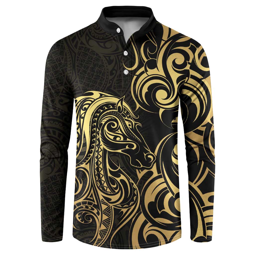 Gold And Black Aoteara Horse Racing Button Sweatshirt NZ Maori Pattern