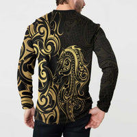 Gold And Black Aoteara Horse Racing Button Sweatshirt NZ Maori Pattern