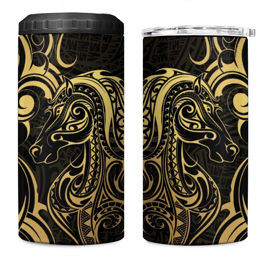 Gold And Black Aoteara Horse Racing 4 in 1 Can Cooler Tumbler NZ Maori Pattern