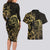 Gold And Black Aoteara Horse Racing Couples Matching Long Sleeve Bodycon Dress and Hawaiian Shirt NZ Maori Pattern