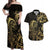 Gold And Black Aoteara Horse Racing Couples Matching Off Shoulder Maxi Dress and Hawaiian Shirt NZ Maori Pattern