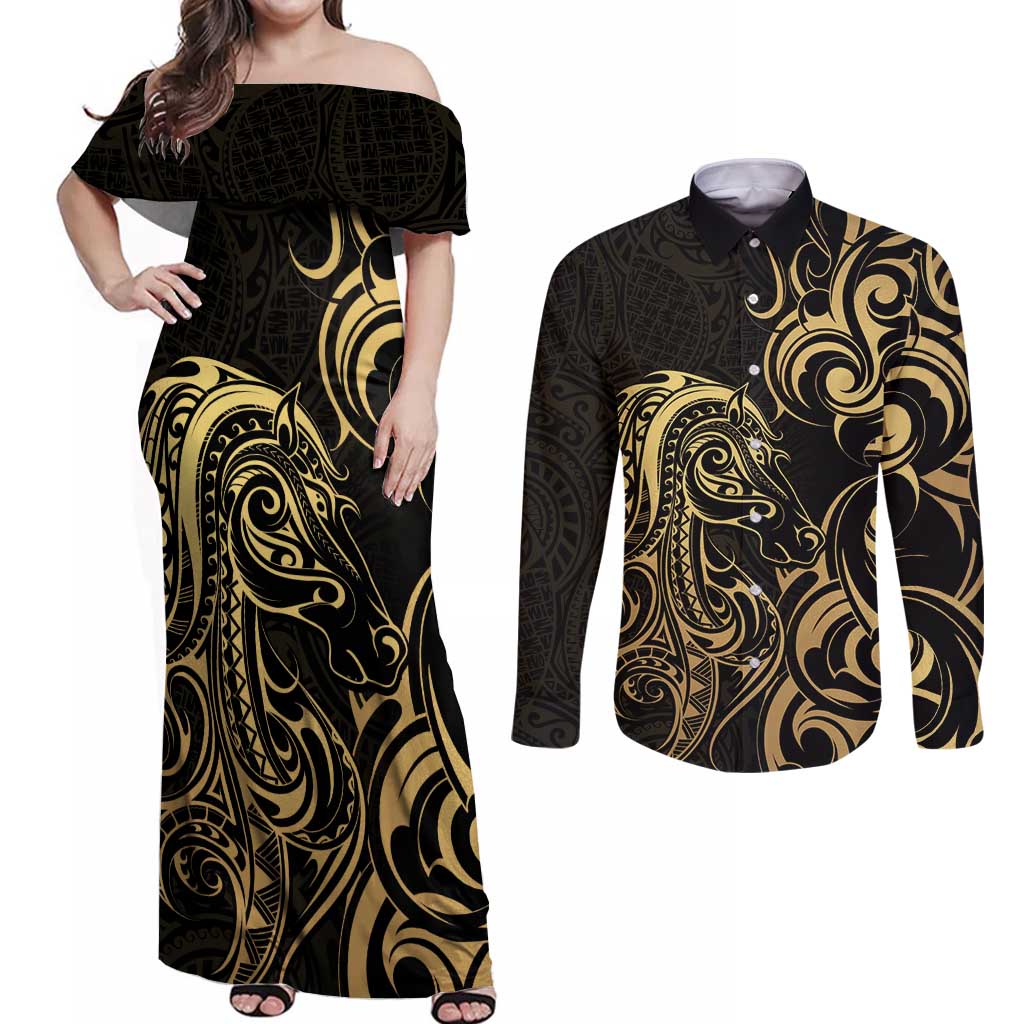 Gold And Black Aoteara Horse Racing Couples Matching Off Shoulder Maxi Dress and Long Sleeve Button Shirt NZ Maori Pattern