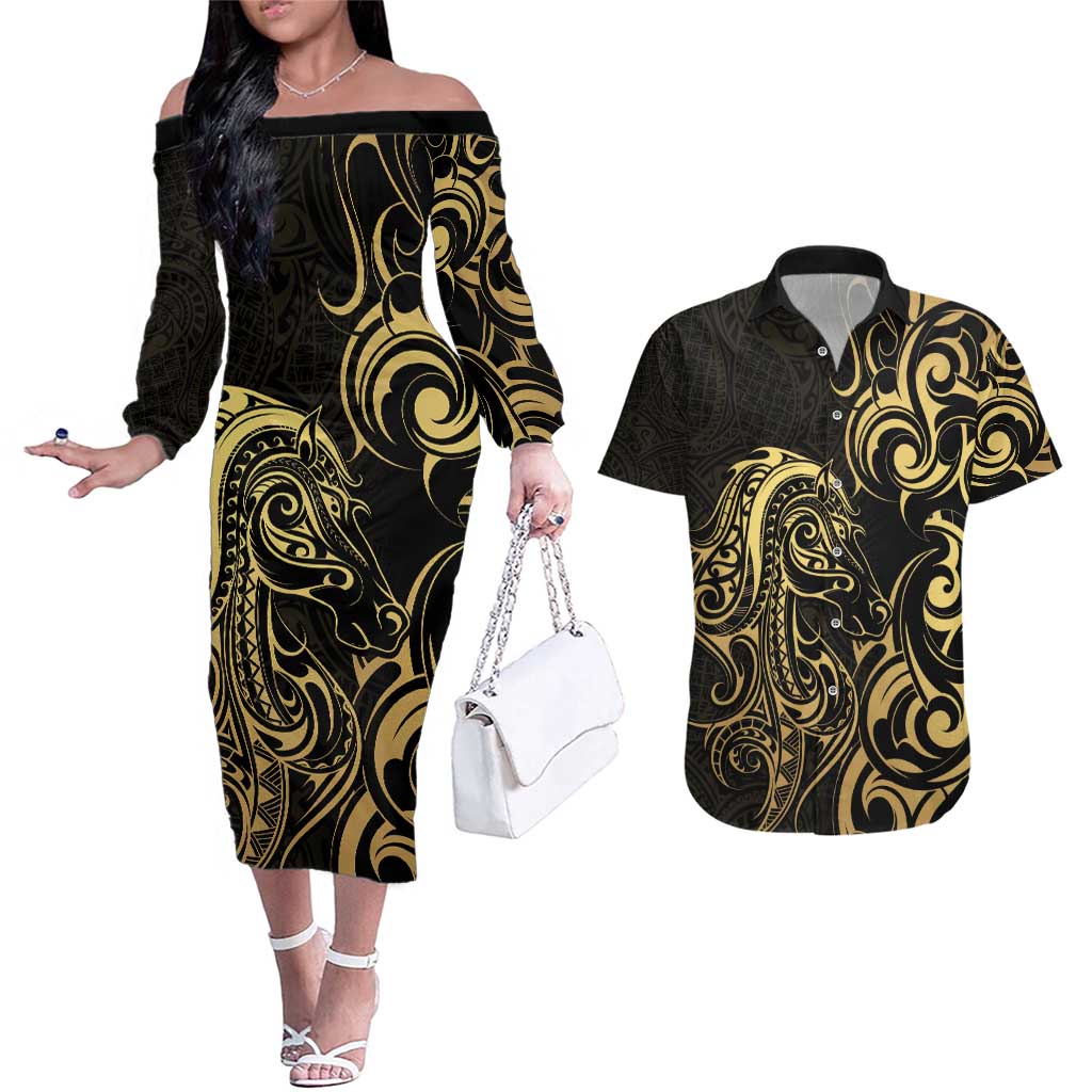 Gold And Black Aoteara Horse Racing Couples Matching Off The Shoulder Long Sleeve Dress and Hawaiian Shirt NZ Maori Pattern