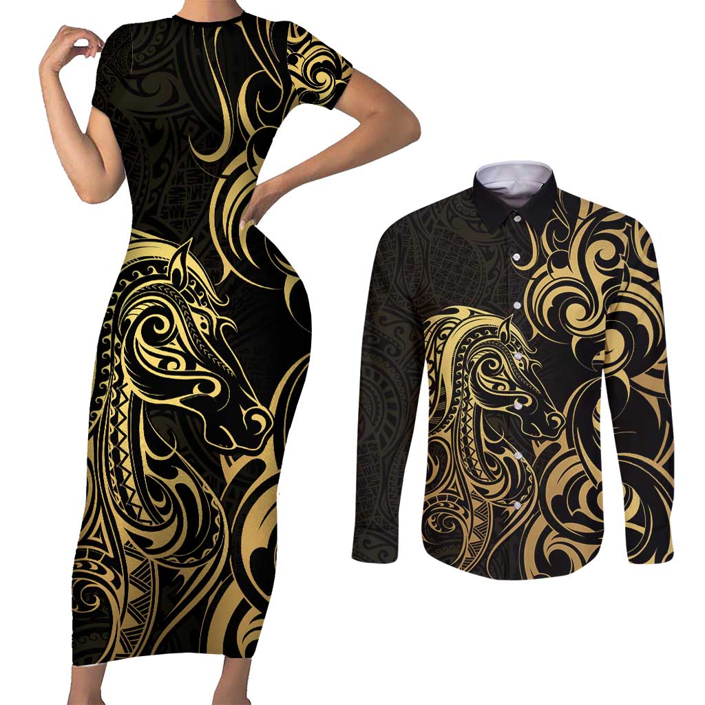 Gold And Black Aoteara Horse Racing Couples Matching Short Sleeve Bodycon Dress and Long Sleeve Button Shirt NZ Maori Pattern