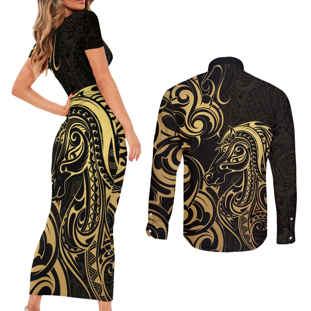 Gold And Black Aoteara Horse Racing Couples Matching Short Sleeve Bodycon Dress and Long Sleeve Button Shirt NZ Maori Pattern
