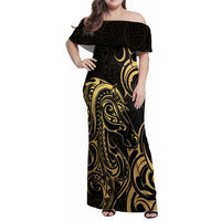 Gold And Black Aoteara Horse Racing Family Matching Off Shoulder Maxi Dress and Hawaiian Shirt NZ Maori Pattern