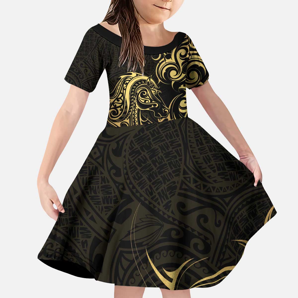 Gold And Black Aoteara Horse Racing Kid Short Sleeve Dress NZ Maori Pattern