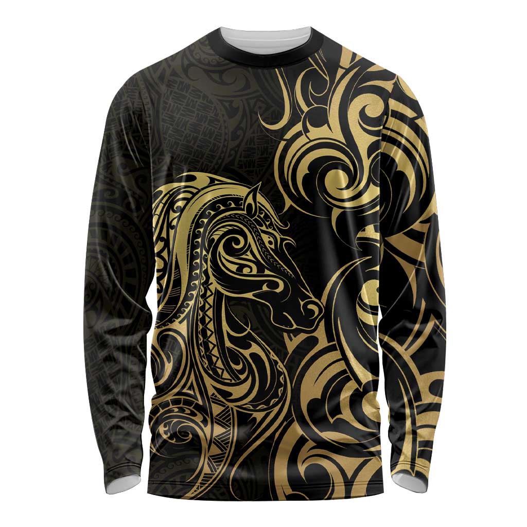 Gold And Black Aoteara Horse Racing Long Sleeve Shirt NZ Maori Pattern