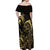 Gold And Black Aoteara Horse Racing Off Shoulder Maxi Dress NZ Maori Pattern