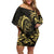 Gold And Black Aoteara Horse Racing Off Shoulder Short Dress NZ Maori Pattern