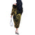 Gold And Black Aoteara Horse Racing Off The Shoulder Long Sleeve Dress NZ Maori Pattern