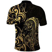 Gold And Black Aoteara Horse Racing Polo Shirt NZ Maori Pattern