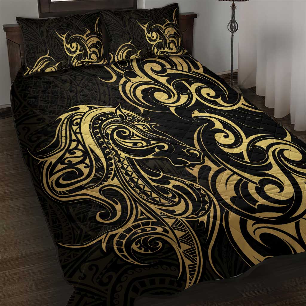 Gold And Black Aoteara Horse Racing Quilt Bed Set NZ Maori Pattern